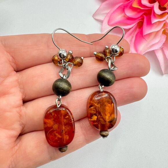 Amber Cha Cha Dangle Earrings UV Tested Glows Green Natural Bohemian Earthcore - Picture 5 of 10